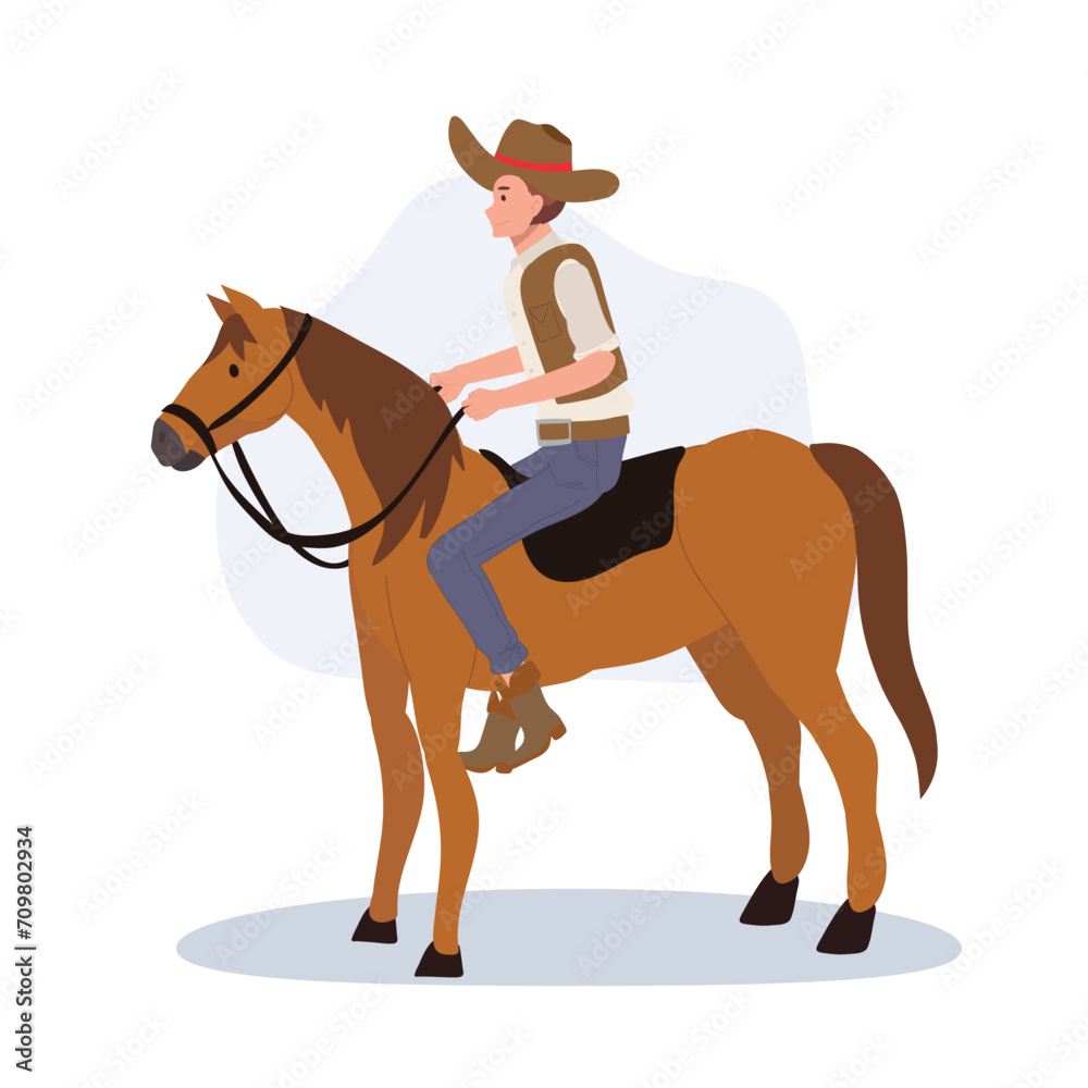 Cowboy in a hat riding a horse. Flat vector cartoon character illustration. Cowboy in a hat riding a horse. Flat vector cartoon character illustration.