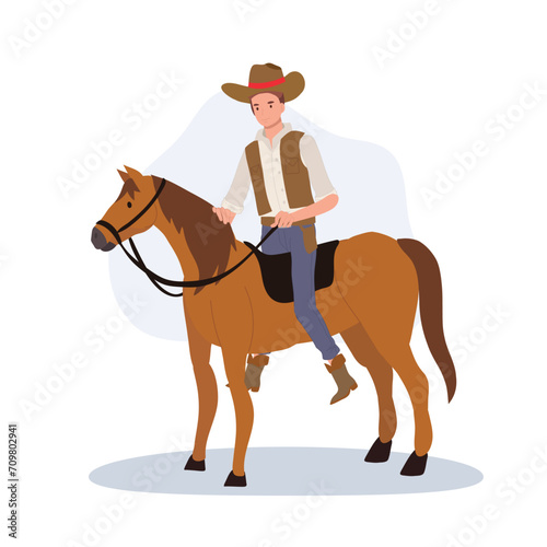 Cowboy in a hat riding a horse. Flat vector cartoon character illustration.