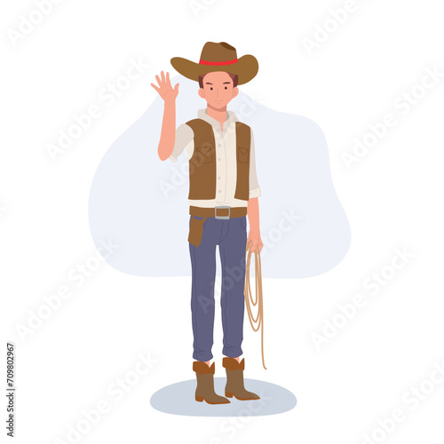 Full-length flat cartoon cowboy. vintage western character illustration