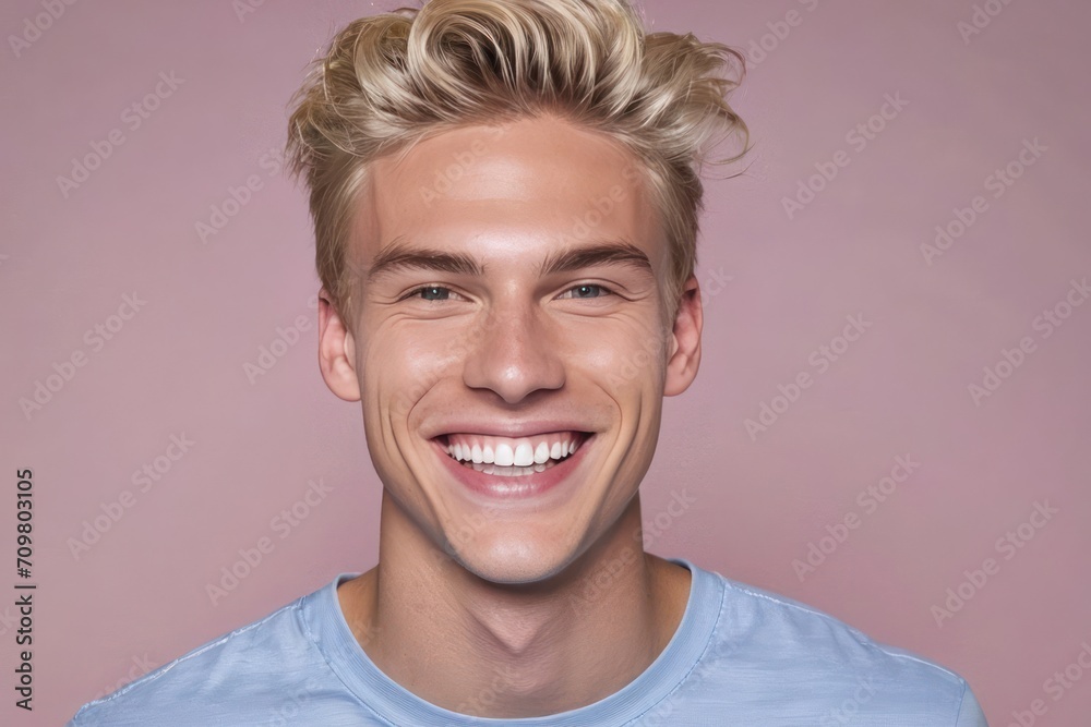 Portrait beautiful blond young model man with white teeth smile on pink background. Generative AI Portrait beautiful blond young model man with white teeth smile on pink background. Generative AI