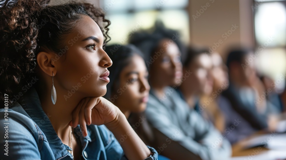 Adult learners from diverse backgrounds in a classroom. Adult learners from diverse backgrounds in a classroom.