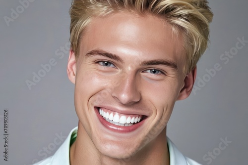 Portrait beautiful blond young model man with white teeth smile on grey background. Generative AI