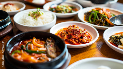 Korean food, eating Korea, Korean Culture, Kimchi cabbage, radish and cucumber. AI Generative