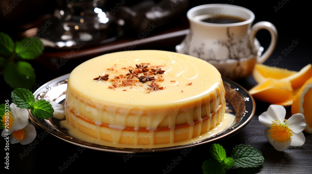 Delicious cheesecake with orange and mint on wooden table.