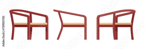 Wooden frame armchair set, brown dining chair. Workroom, kitchen, living room, balcony and banquet accent. Vector flat style cartoon home or office furniture objects isolated on white background