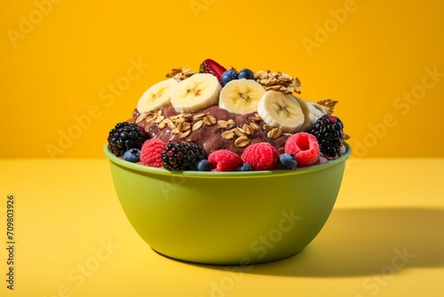A colorful acai bowl with various toppings hovering above a yellow backdrop. Generative AI photo