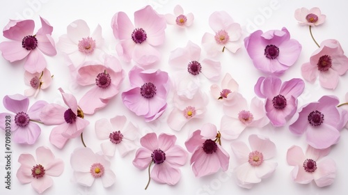 a collection of anemone petals, their delicate forms forming a captivating heap against the simplicity of a spotless white background.