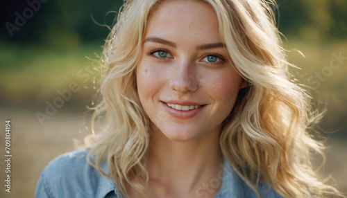 Young Graceful Woman with Subtle Freckles and Blue Eyes Smiling, Wavy Blonde Hair, Elegant Makeup, Jeans Cover