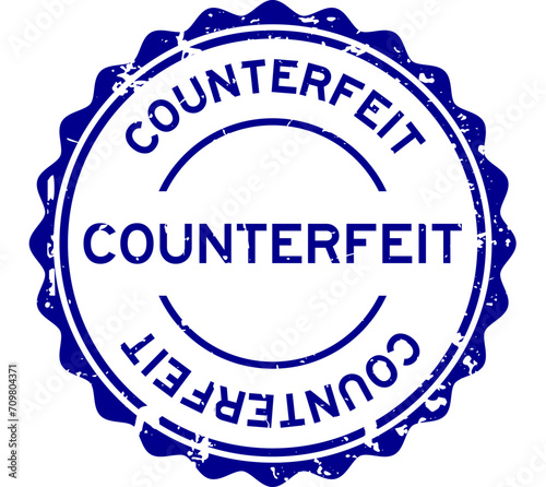 Grunge blue counterfeit word round rubber seal stamp on white background