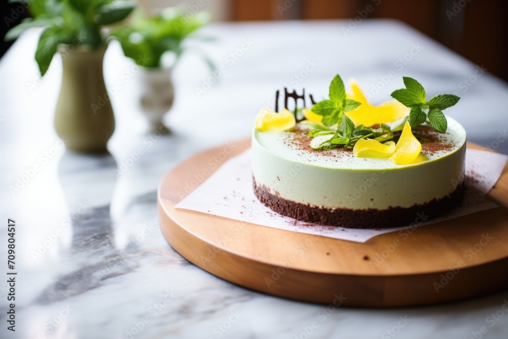whole raw vegan chocolate cheesecake with a mint leaf garnish whole raw vegan chocolate cheesecake with a mint leaf garnish