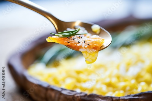close-up of risotto milanese on a spoon, perfectly cooked rice grains