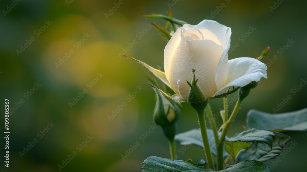 Branches of a white rose tree with blossom bud. Сoncept of spring has come.
