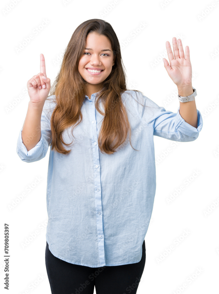 Young beautiful brunette business woman over isolated background showing and pointing up with fingers number six while smiling confident and happy. Young beautiful brunette business woman over isolated background showing and pointing up with fingers number six while smiling confident and happy.