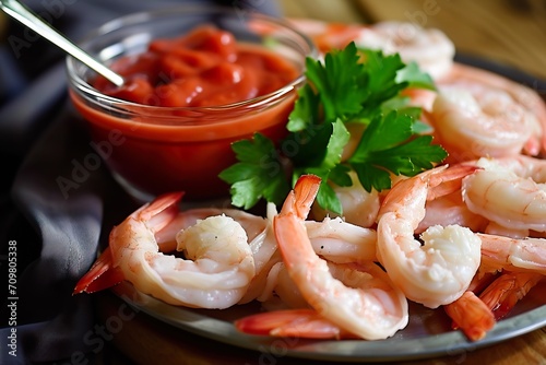 Shrimp Cocktail Platter with Dipping Sauce and Fresh Parsley