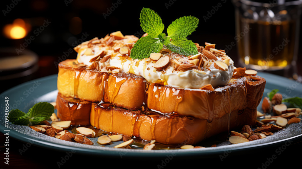 Honey toast with whipped cream and almonds on a dark background.