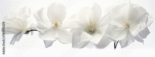 Two white flowers are shown on a white background  in the style of panoramic scale  dutch and flemish  canon af35m  inspirational  playful femininity  photographic montage  elongated  