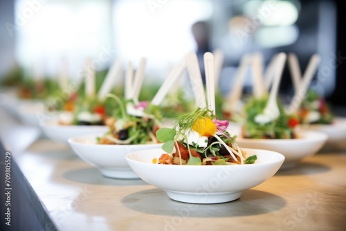 row of individual salad servings for a catering event