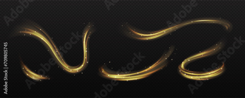 Magical swirls of golden powder and sparks realistic vector illustration set. Dreamlike whirls of glitter 3d elements on transparent background