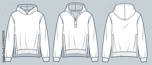  Hood Sweatshirt technical fashion illustration. Slit Hoodie fashion flat technical drawing template, side slit, button closure, relaxed fit, front, back view, white, women, men, unisex CAD mockup set