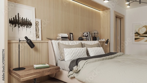 Modern and spacious bedroom in Japadi style - a combination of Scandinavian and Japanese design. The bright interior combines muted beiges  browns with wood. 3D illustration