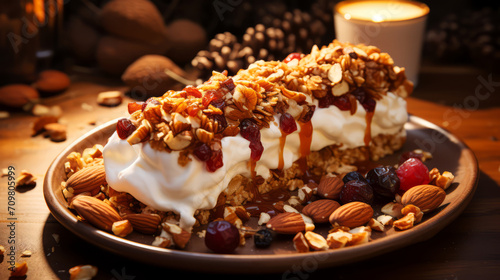 Coffee cake with whipped cream, nuts and raisins.