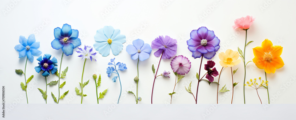 A series of wild flowers sit side by side on white background, in the style of pretty, purple and blue, light violet and azure, natural

