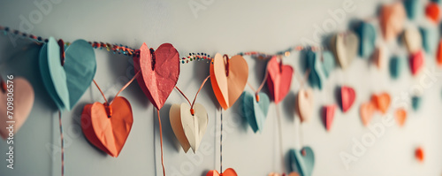 A handmade garland of colorful paper hearts on a white wall background. Valentine's Day, birthday, wedding, anniversary, party concept banner with copy space. Children's paper crafts with parents. photo