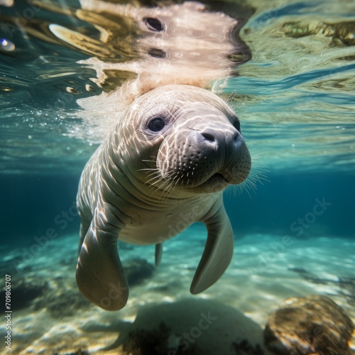 Photo of a baby manatee calf gliding gracefully underwater. Generative AI