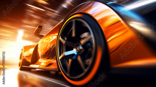 fast moving sport car on highway wallpaper Highway . Powerful acceleration of a supercar illustration . Closeup poster © adel