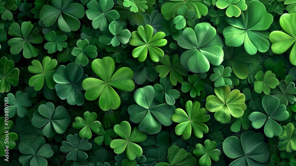 Green background with three-leaved shamrocks, Lucky Irish Four Leaf Clover in the Field for St. Patrick's Day holiday symbol. - obrazy, fototapety, plakaty 