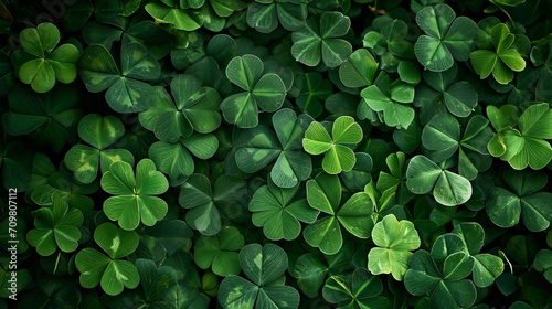 Green background with three-leaved shamrocks  Lucky Irish Four Leaf Clover in the Field for St. Patrick s Day holiday symbol.