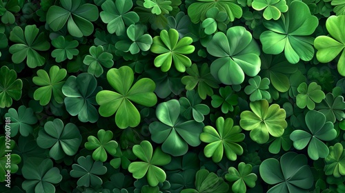 Green background with three-leaved shamrocks, Lucky Irish Four Leaf Clover in the Field for St. Patrick's Day holiday symbol. photo