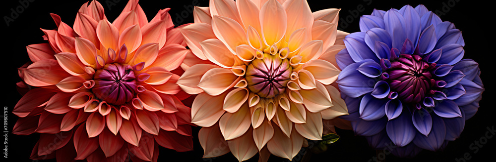 Dahlias are an attractive flower with bright colors, in the style of macro lens, colorful curves

