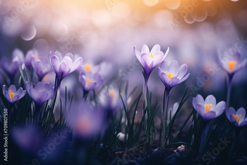 Purple crocus flowers in the sun, in the style of moody colors, soft-focus portraits, light indigo and dark beige, intricate floral arrangements, konica big mini, close up, wimmelbilder