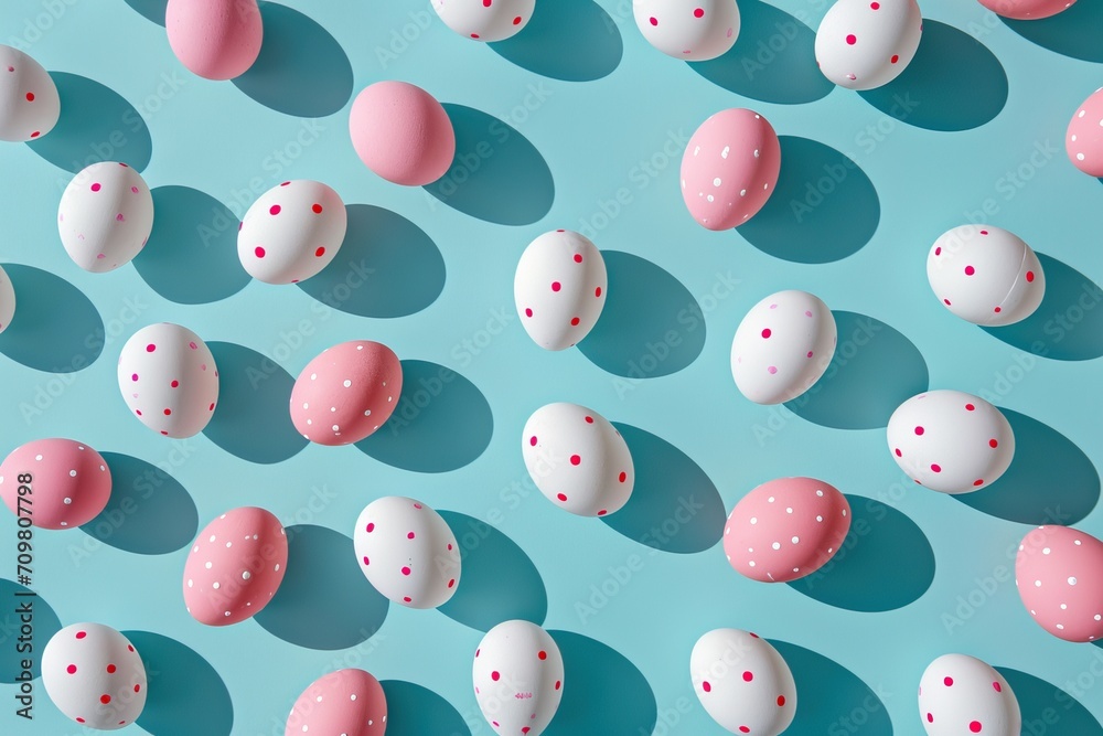 Easter Elegance: Pink and White Egg Pattern on Pastel Blue Background Easter Elegance: Pink and White Egg Pattern on Pastel Blue Background