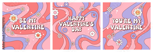 Set of vector cards for Valentine's Day - lettering on bright backgrounds in a trendy retro groove style.