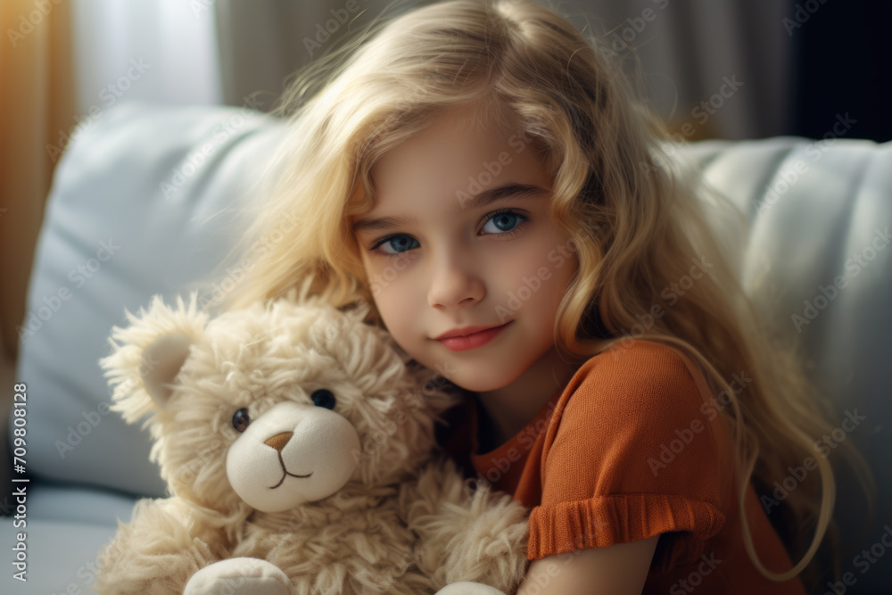Portrait of a cute little girl with teddy bear at home