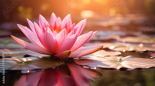 Pink water lilies floating in a pond with water lilies, in the style of golden light, light red and dark aquamarine, photo-realistic landscapes, natural, sharp focus, wimmelbilder, exquisite craftsman