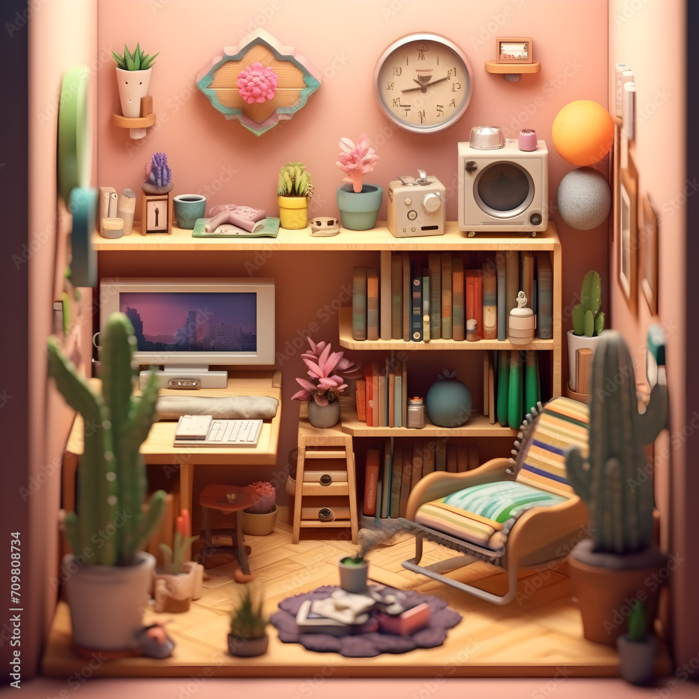 Fototapeta premium Cute bedrooms with desktop interior 3D Render, Kids bedrooms interior 3D Render