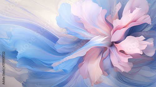 An abstract flower in bright blue and pink, in the style of photorealistic rendering, realistic landscapes with soft edges, flowing fabrics, light white and light gray, rococo pastel colors, bio-art,  © Possibility Pages