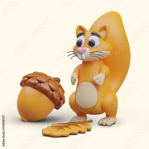Vector squirrel looking at acorn. Vertical autumn composition in plasticine style. Funny 3D illustration for children web design. Forest inhabitants and plants