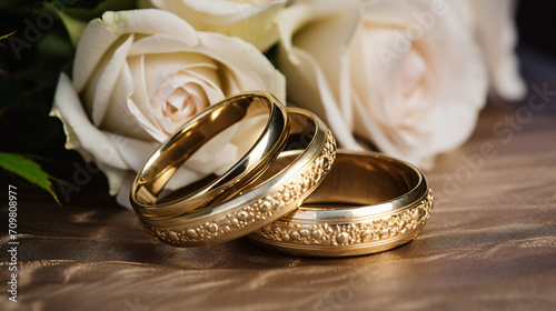 Pair of gold wedding rings placed on a white flower