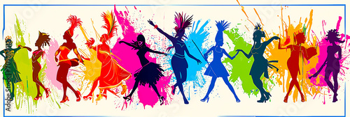 Illustration of a series of colorful silhouettes of carnival dancers