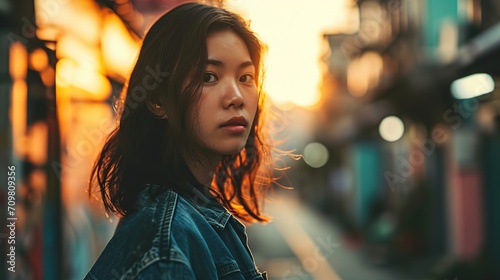 Young Asian woman's full-length portrait against a flare light backdrop.