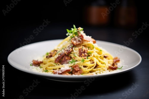 carbonara with crispy bacon strips on top, close-up, dark background