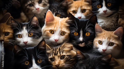 Many Cats sitting in a row. Cats crowd. © alexkich