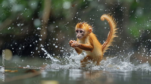 Golden monkey playing in the water photo