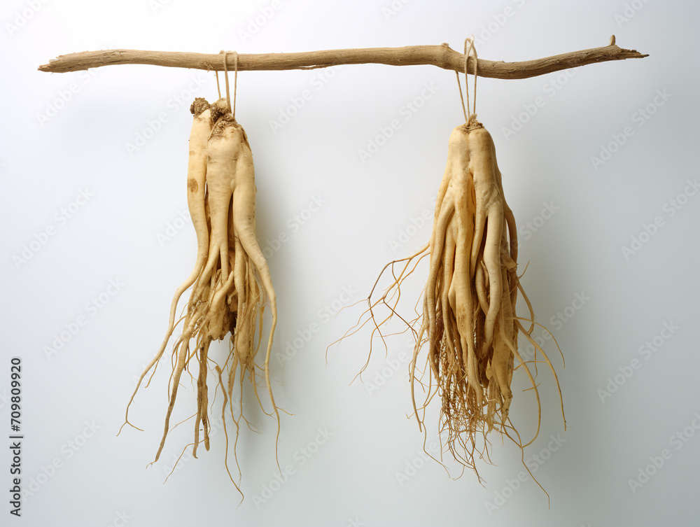two dried ginseng roots hanging on a white background, in the style of strong facial expression created with Generative Ai - obrazy, fototapety, plakaty 