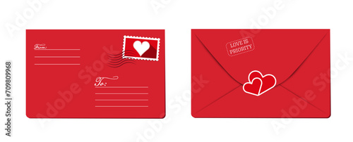3d love envelope front and back with stamp, hearts vector design. Valentines day red background design. Love letter concept design to use for valentine's day card, romantic design projects. 