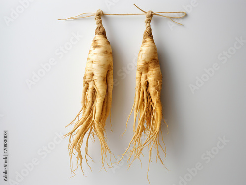 two dried ginseng roots hanging on a white background, in the style of strong facial expression created with Generative Ai